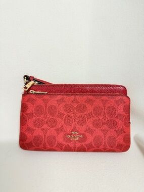 NWT Coach CX161 Double Zip Wallet Signature Canvas Wristlet IM/CRIMSON